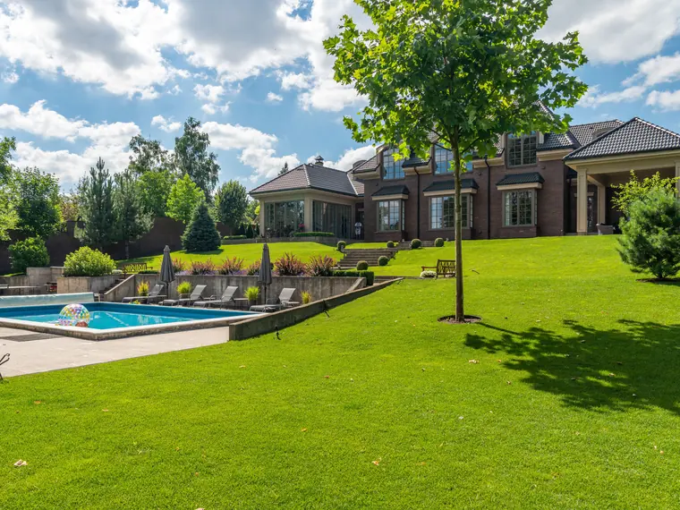 A large sloping back lawn with a pool, terrace and young shade tree